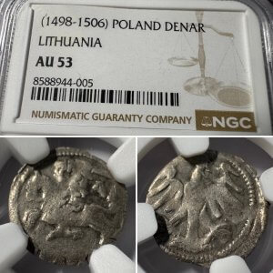 1498-1506 metų Aleksandro Jogailaičio denaras – Renesansas – NGC AU53