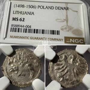 1498-1506 metų Aleksandro Jogailaičio denaras – Gotika – NGC MS62
