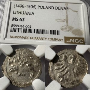 1498-1506 metų Aleksandro Jogailaičio denaras – Gotika – NGC MS62