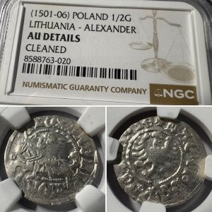 1501-1506 metų Aleksandro Jogailaičio 1/2 grašio – Renesansas – NGC AU Details
