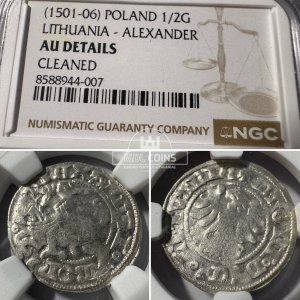 1501-1506 metų Aleksandro Jogailaičio 1/2 grašio – Gotika – NGC AU Details