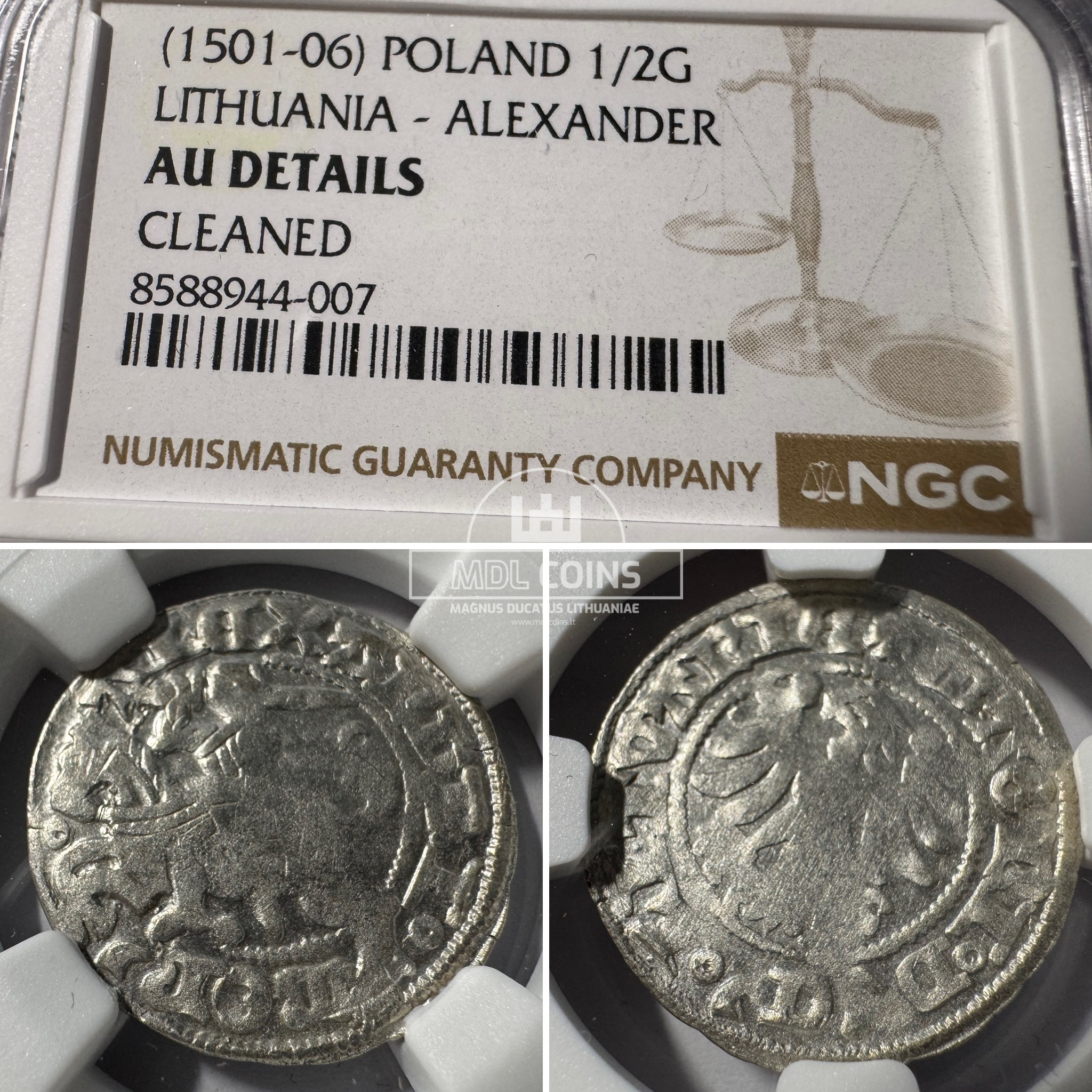 1501-1506 metų Aleksandro Jogailaičio 1/2 grašio – Gotika – NGC AU Details