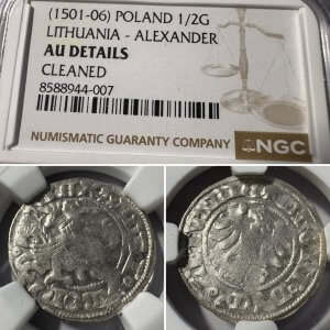 1501-1506 metų Aleksandro Jogailaičio 1/2 grašio – Gotika – NGC AU Details