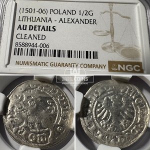 1501-1506 metų Aleksandro Jogailaičio 1/2 grašio – Gotika – NGC AU Details