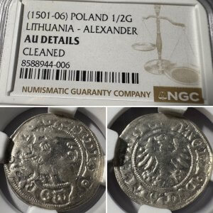 1501-1506 metų Aleksandro Jogailaičio 1/2 grašio – Gotika – NGC AU Details