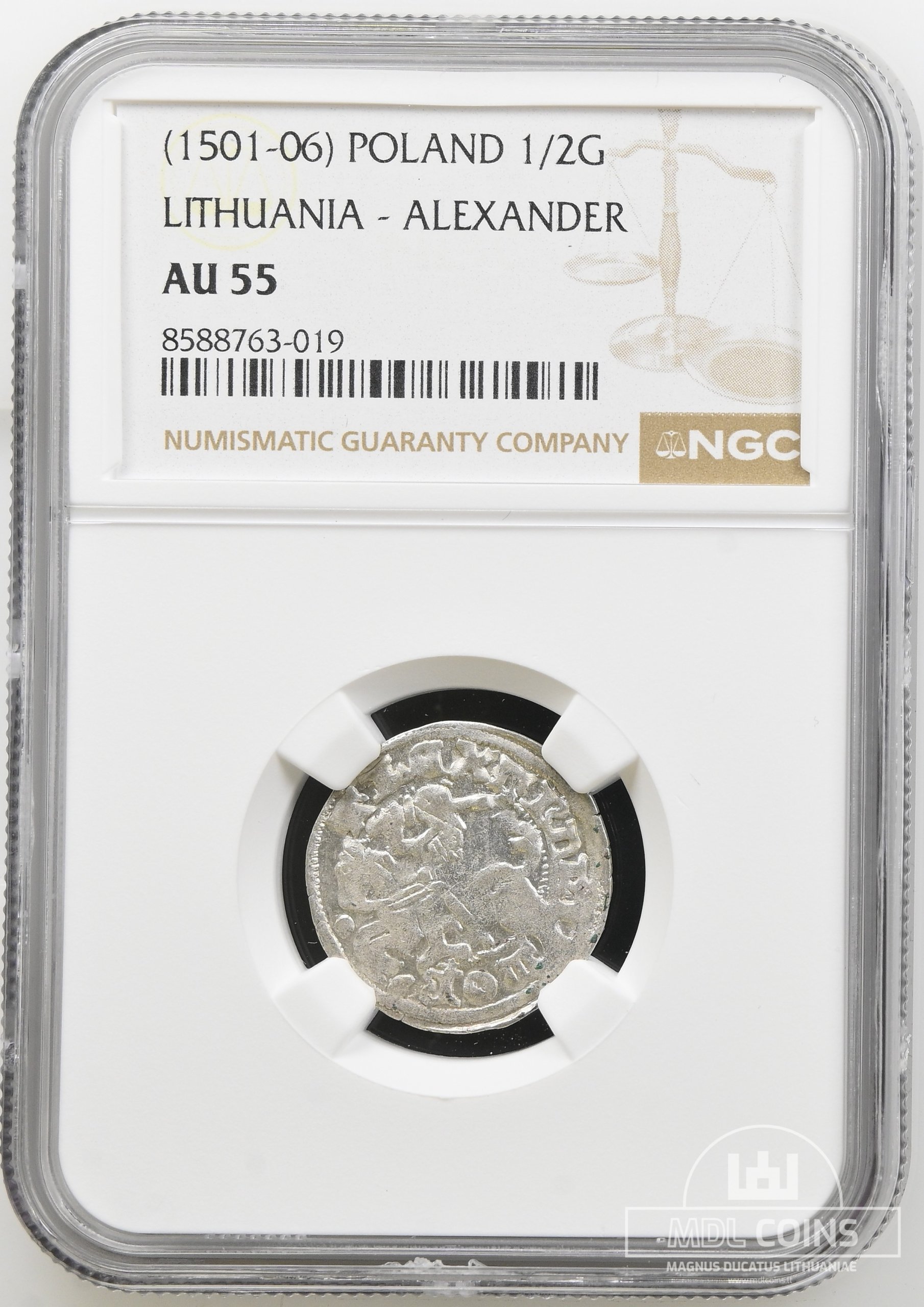 1501-1506 metų Aleksandro Jogailaičio 1/2 grašio – Gotika – NGC AU55 - Image 2