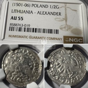 1501-1506 metų Aleksandro Jogailaičio 1/2 grašio – Gotika – NGC AU55