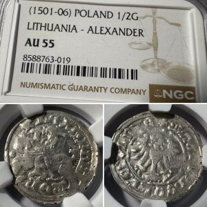1501-1506 metų Aleksandro Jogailaičio 1/2 grašio – Gotika – NGC AU55