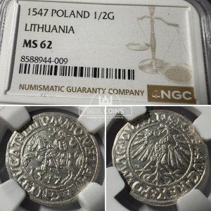 1547 metų Žygimanto Augusto 1/2 grašio - NGC MS62
