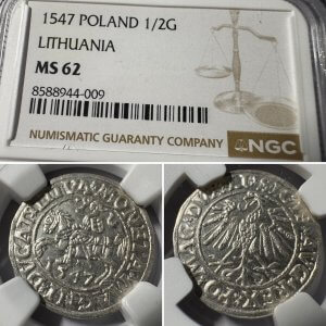 1547 metų Žygimanto Augusto 1/2 grašio - NGC MS62