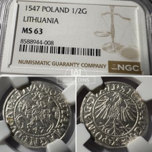 1547 metų Žygimanto Augusto 1/2 grašio - NGC MS63