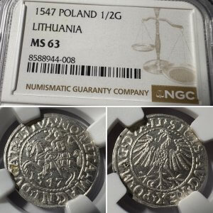 1547 metų Žygimanto Augusto 1/2 grašio - NGC MS63