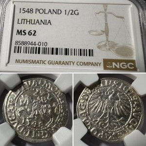 1548 metų Žygimanto Augusto 1/2 grašio - NGC MS62