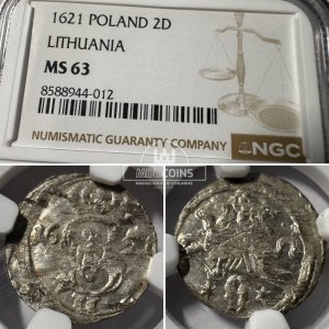 1621 metų Žygimanto Vazos 2 denarai - NGC MS63