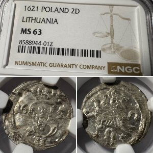 1621 metų Žygimanto Vazos 2 denarai - NGC MS63