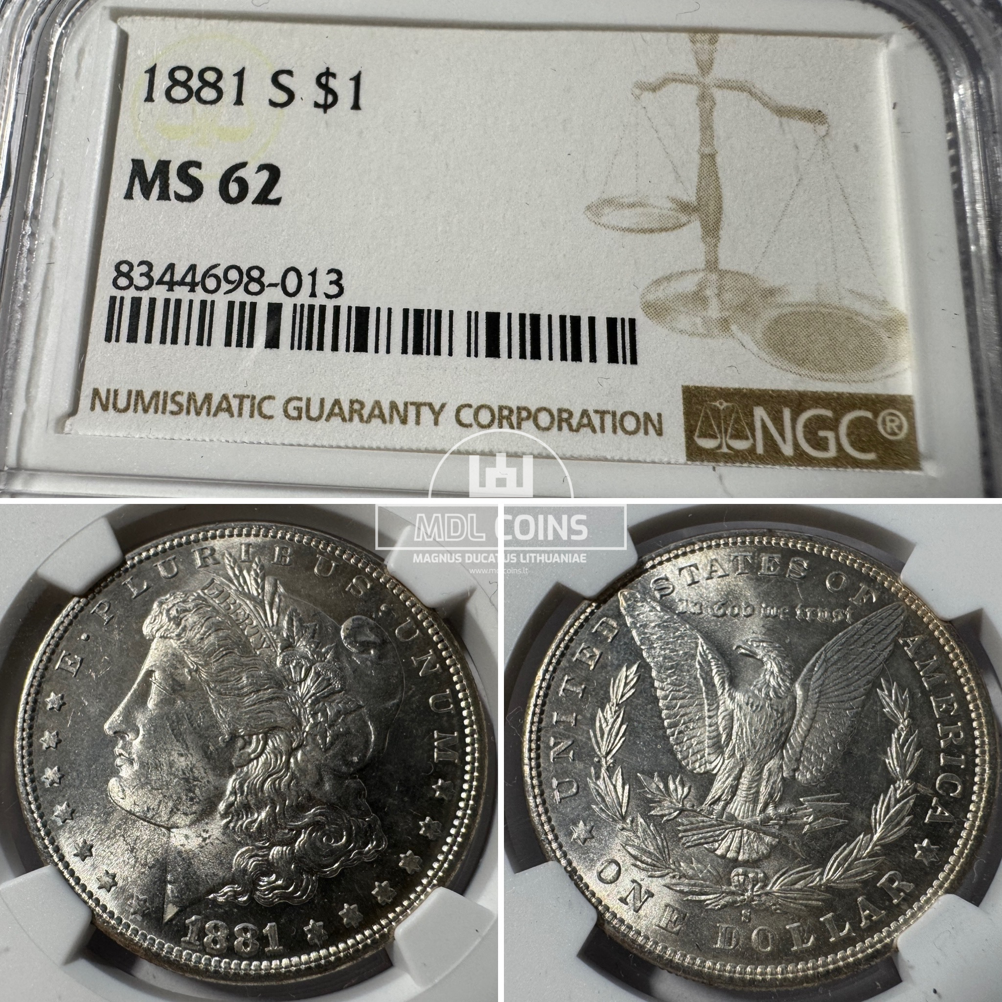 JAV - 1881 metų 1 doleris - "Morganas" - NGC MS62 - (Sidabras 900 / 26,73 g)