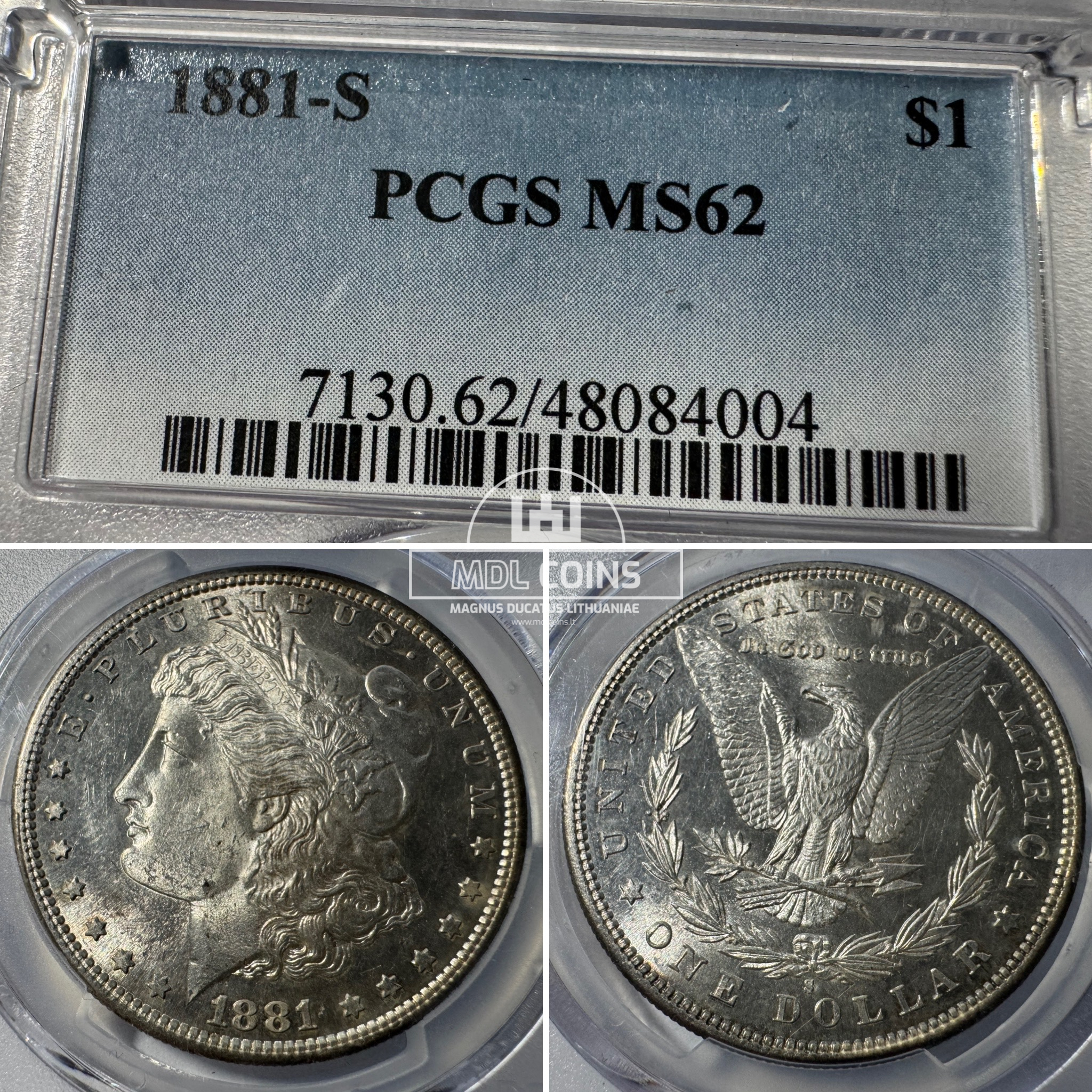 JAV - 1881 metų 1 doleris - "Morganas" - PCGS MS62 - (Sidabras 900 / 26,73 g) – (Sesija Nr.92 – Pabaiga 20260514 – 21.04 val. + 2 min. „Anti-sniping”)