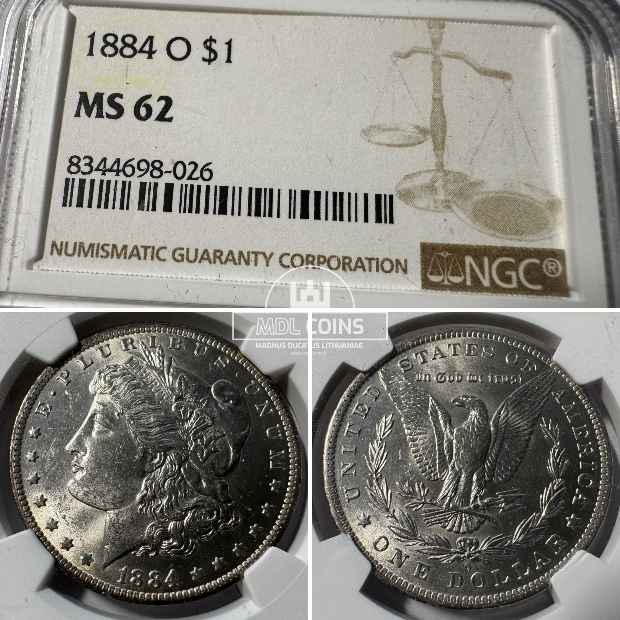 JAV - 1884 metų 1 doleris - "Morganas" - NGC MS62 - (Sidabras 900 / 26,73 g)
