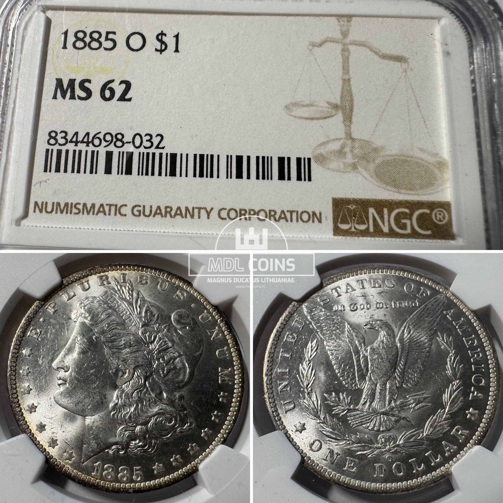 JAV - 1885 metų 1 doleris - "Morganas" - NGC MS62 - (Sidabras 900 / 26,73 g)
