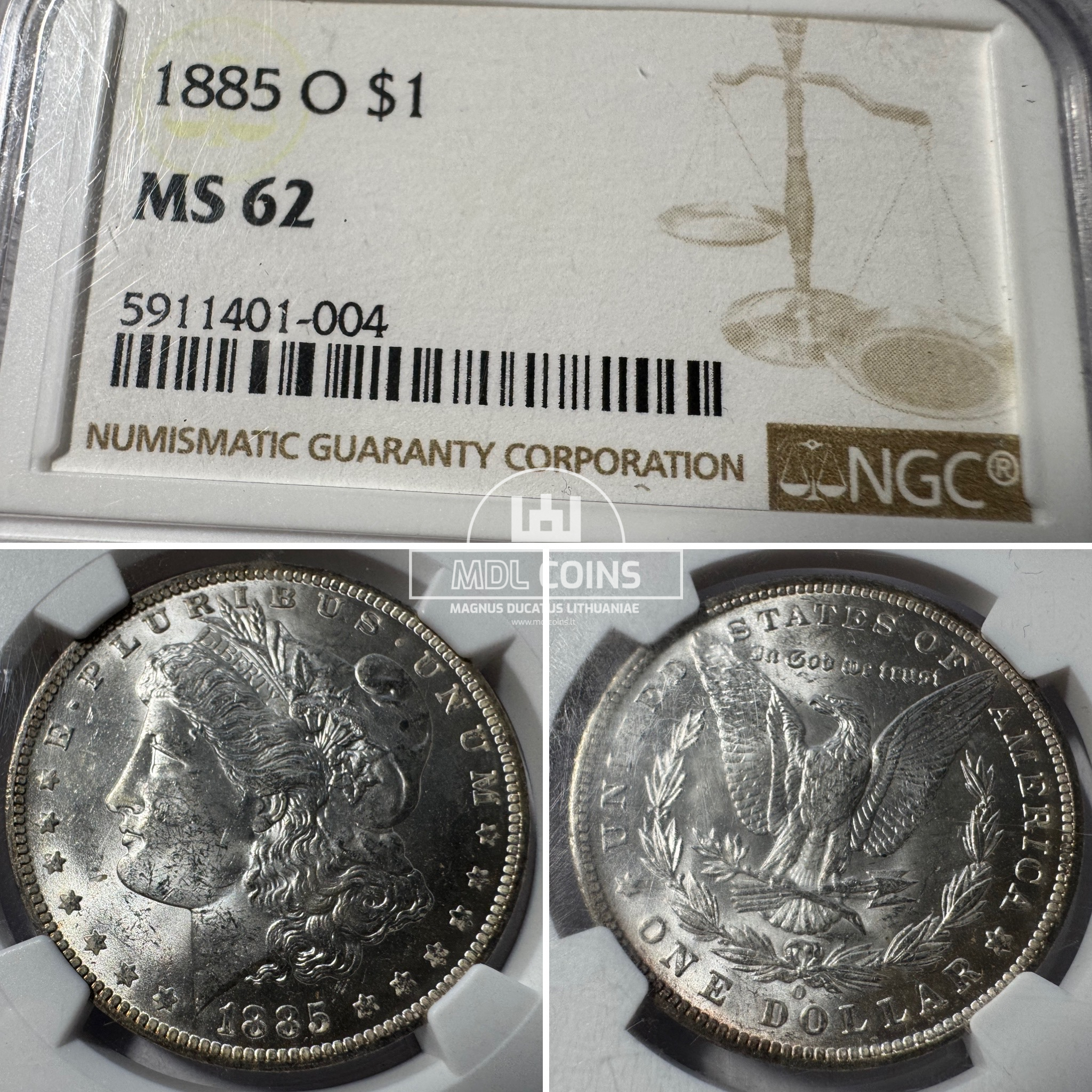 JAV - 1885 metų 1 doleris - "Morganas" - NGC MS62 - (Sidabras 900 / 26,73 g)