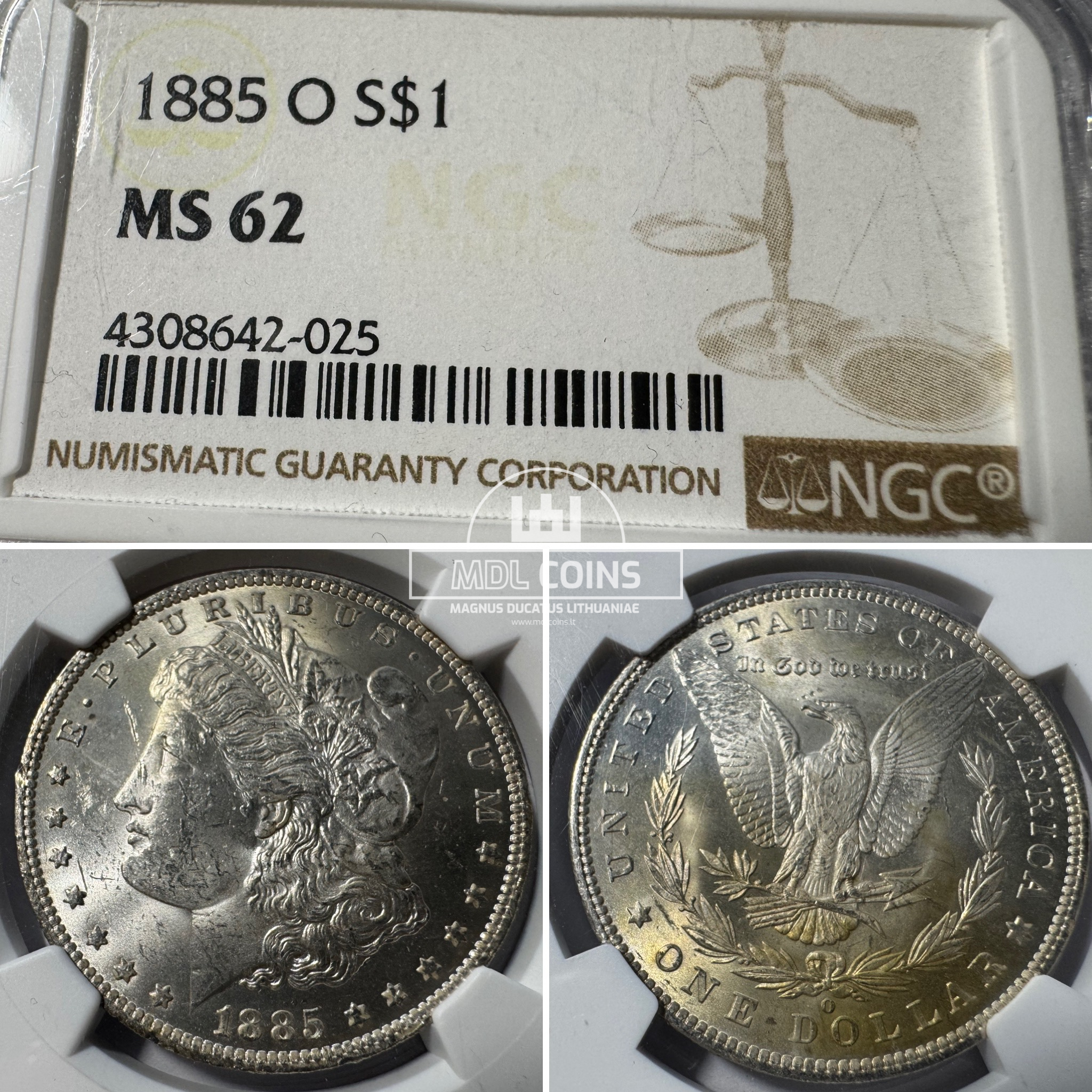 JAV - 1885 metų 1 doleris - "Morganas" - NGC MS62 - (Sidabras 900 / 26,73 g)