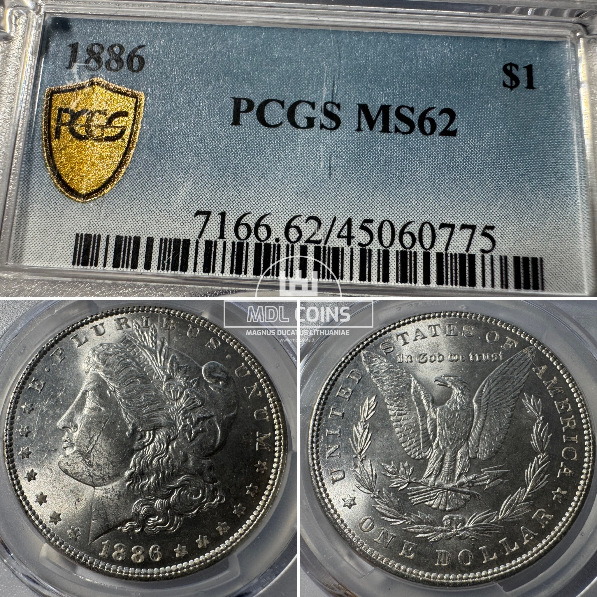 JAV - 1886 metų 1 doleris - "Morganas" - PCGS MS62 - (Sidabras 900 / 26,73 g)