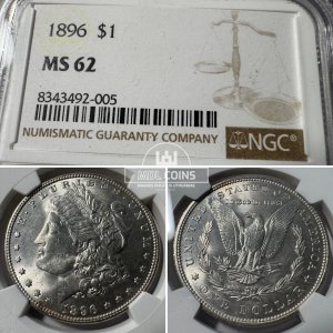 JAV - 1896 metų 1 doleris - "Morganas" - NGC MS62 - (Sidabras 900 / 26,73 g) – (Sesija Nr.92 – Pabaiga 20260514 – 21.24 val. + 2 min. „Anti-sniping”)