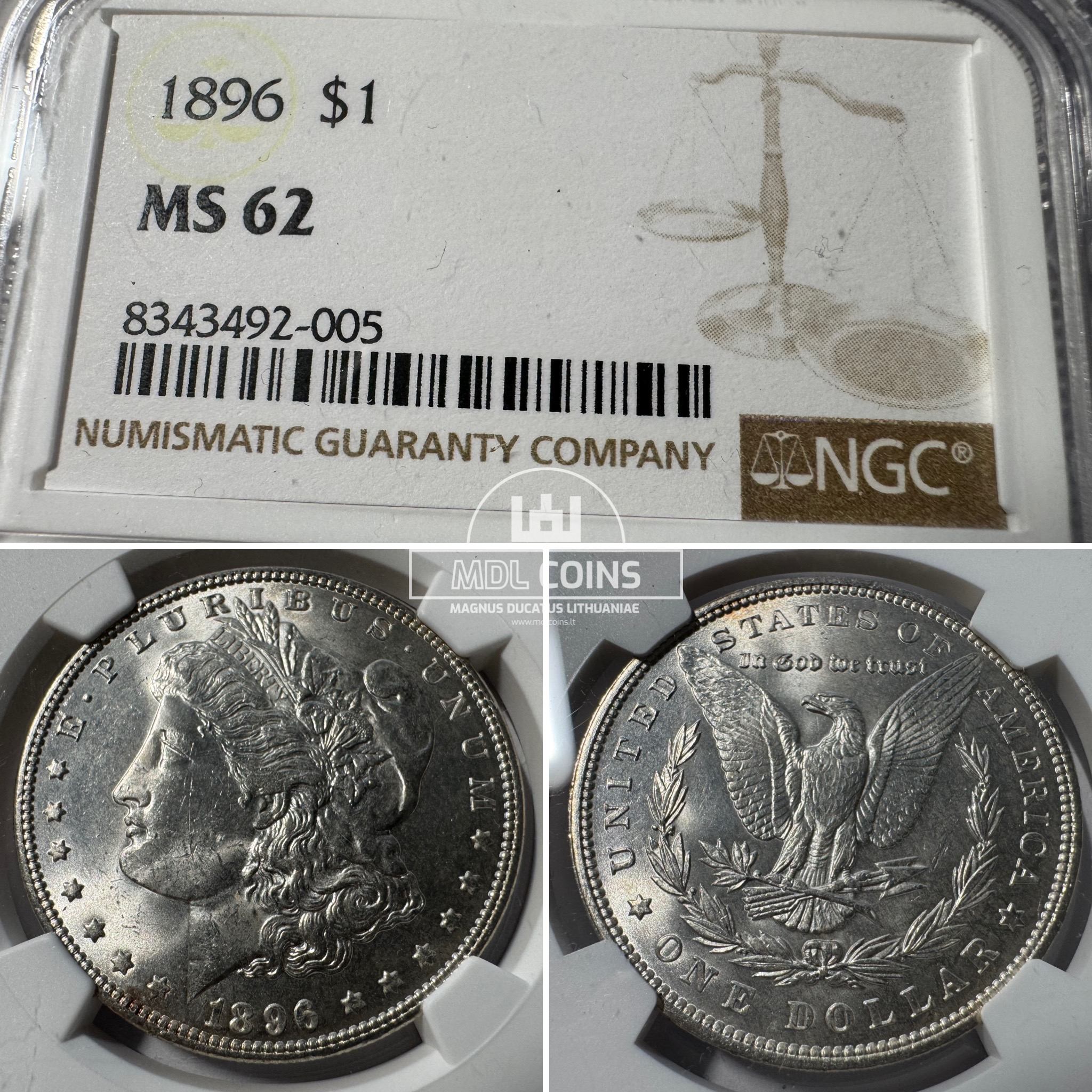 JAV - 1896 metų 1 doleris - "Morganas" - NGC MS62 - (Sidabras 900 / 26,73 g)