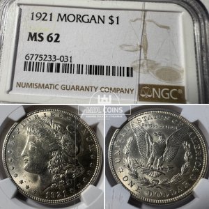JAV - 1921 metų 1 doleris - "Morganas" - NGC MS62 - (Sidabras 900 / 26,73 g) - "SLABAS" SU DEFEKTU