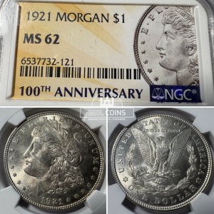 JAV - 1921 metų 1 doleris - "Morganas" - NGC MS62 - "100th ANNIVERSARY" - (Sidabras 900 / 26,73 g) – (Sesija Nr.95 – Pabaiga 20260525 – 21.18 val. + 2 min. „Anti-sniping”)