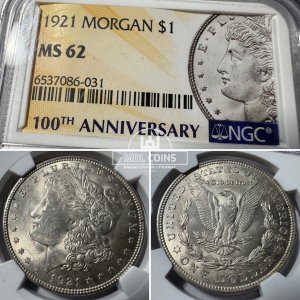 JAV - 1921 metų 1 doleris - "Morganas" - NGC MS62 - "100th ANNIVERSARY" - (Sidabras 900 / 26,73 g) – (Sesija Nr.92 – Pabaiga 20260514 – 21.32 val. + 2 min. „Anti-sniping”)