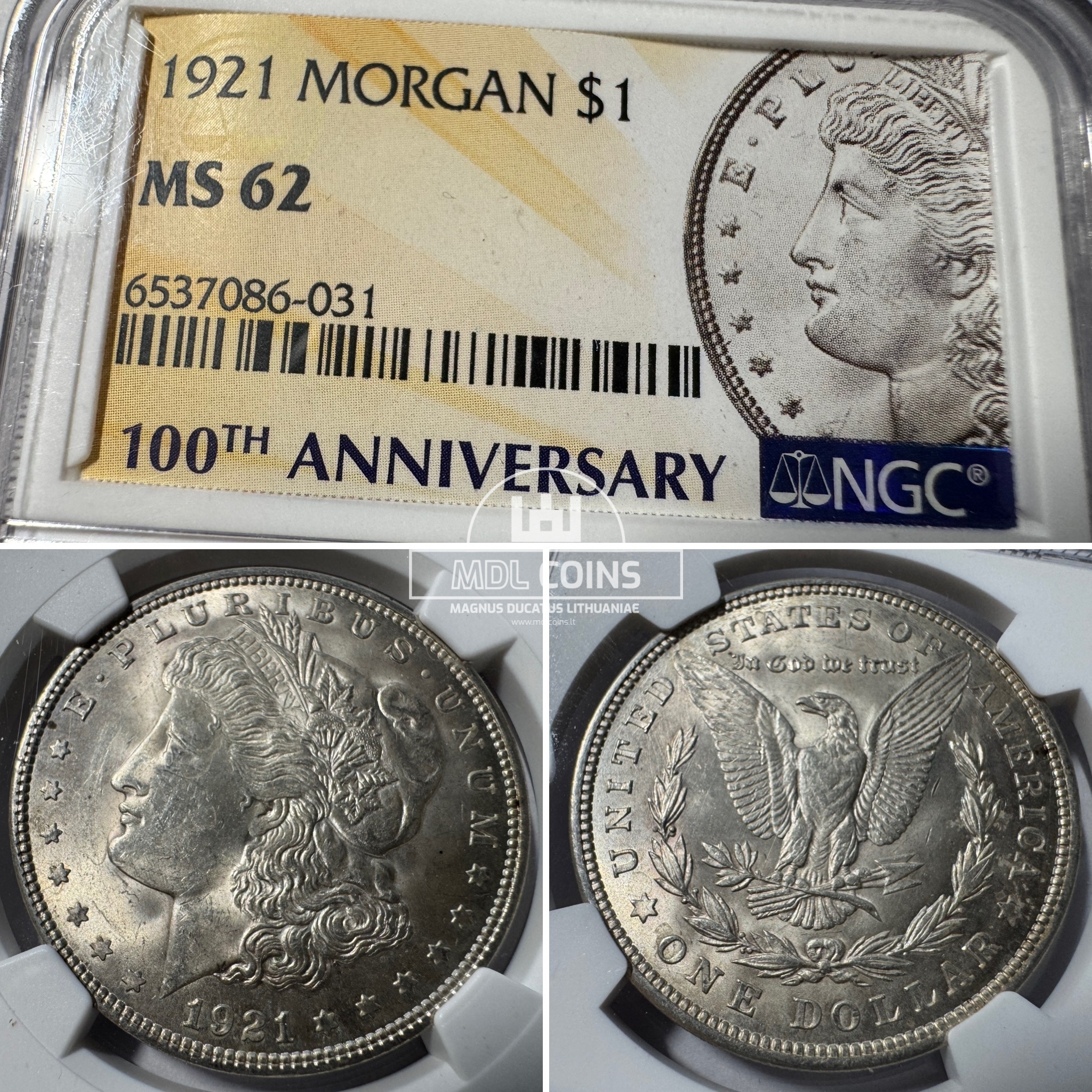 JAV - 1921 metų 1 doleris - "Morganas" - NGC MS62 - "100th ANNIVERSARY" - (Sidabras 900 / 26,73 g)