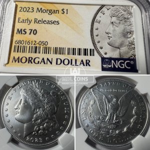 JAV - 2023 metų 1 doleris - "Morganas" - NGC MS70 - "MORGAN DOLLAR" - (Sidabras 999 / 26,715 g) - SLABAS SU DEFEKTU