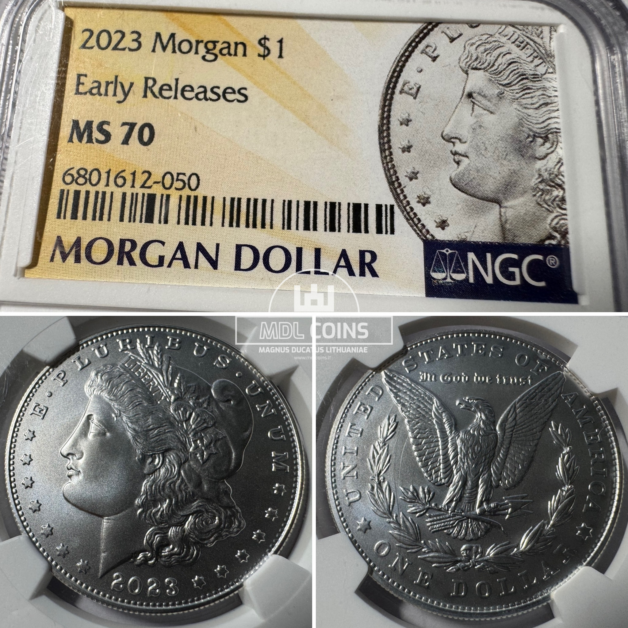 JAV - 2023 metų 1 doleris - "Morganas" - NGC MS70 - "MORGAN DOLLAR" - (Sidabras 999 / 26,715 g) - SLABAS SU DEFEKTU