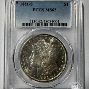 Alternative view of JAV - 1881 metų 1 doleris - "Morganas" - PCGS MS62 - (Sidabras 900 / 26,73 g) – (Sesija Nr.92 – Pabaiga 20260514 – 21.04 val. + 2 min. „Anti-sniping”)