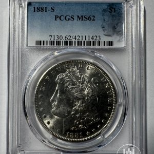 Alternative view of JAV - 1881 metų 1 doleris - "Morganas" - PCGS MS62 - (Sidabras 900 / 26,73 g)