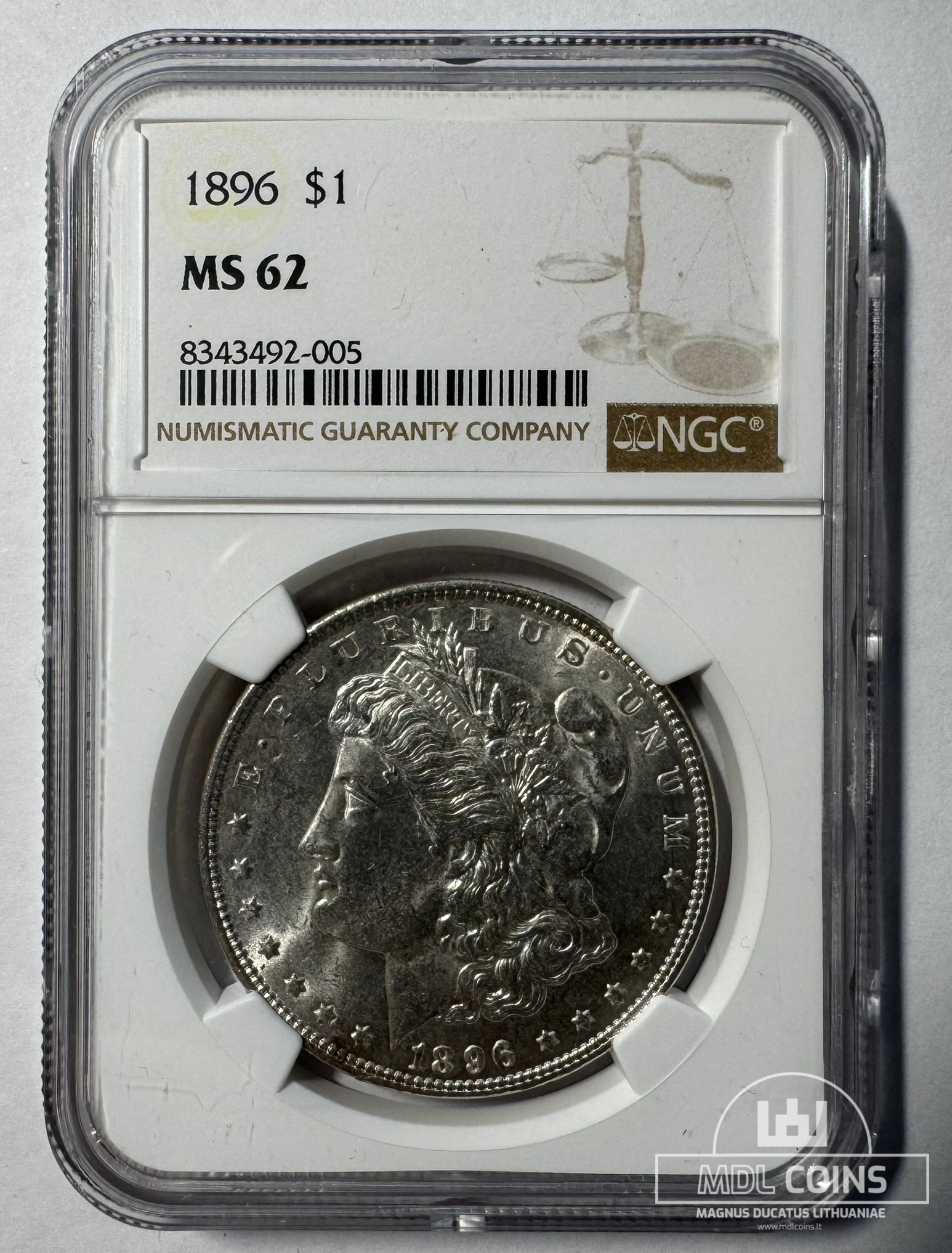 JAV - 1896 metų 1 doleris - "Morganas" - NGC MS62 - (Sidabras 900 / 26,73 g) - Image 2