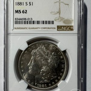 Alternative view of JAV - 1881 metų 1 doleris - "Morganas" - NGC MS62 - (Sidabras 900 / 26,73 g)
