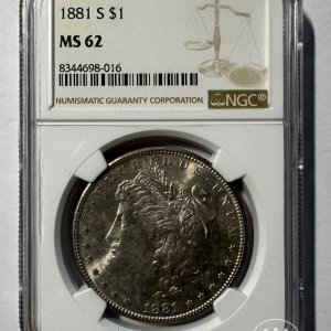 Alternative view of JAV - 1881 metų 1 doleris - "Morganas" - NGC MS62 - (Sidabras 900 / 26,73 g)