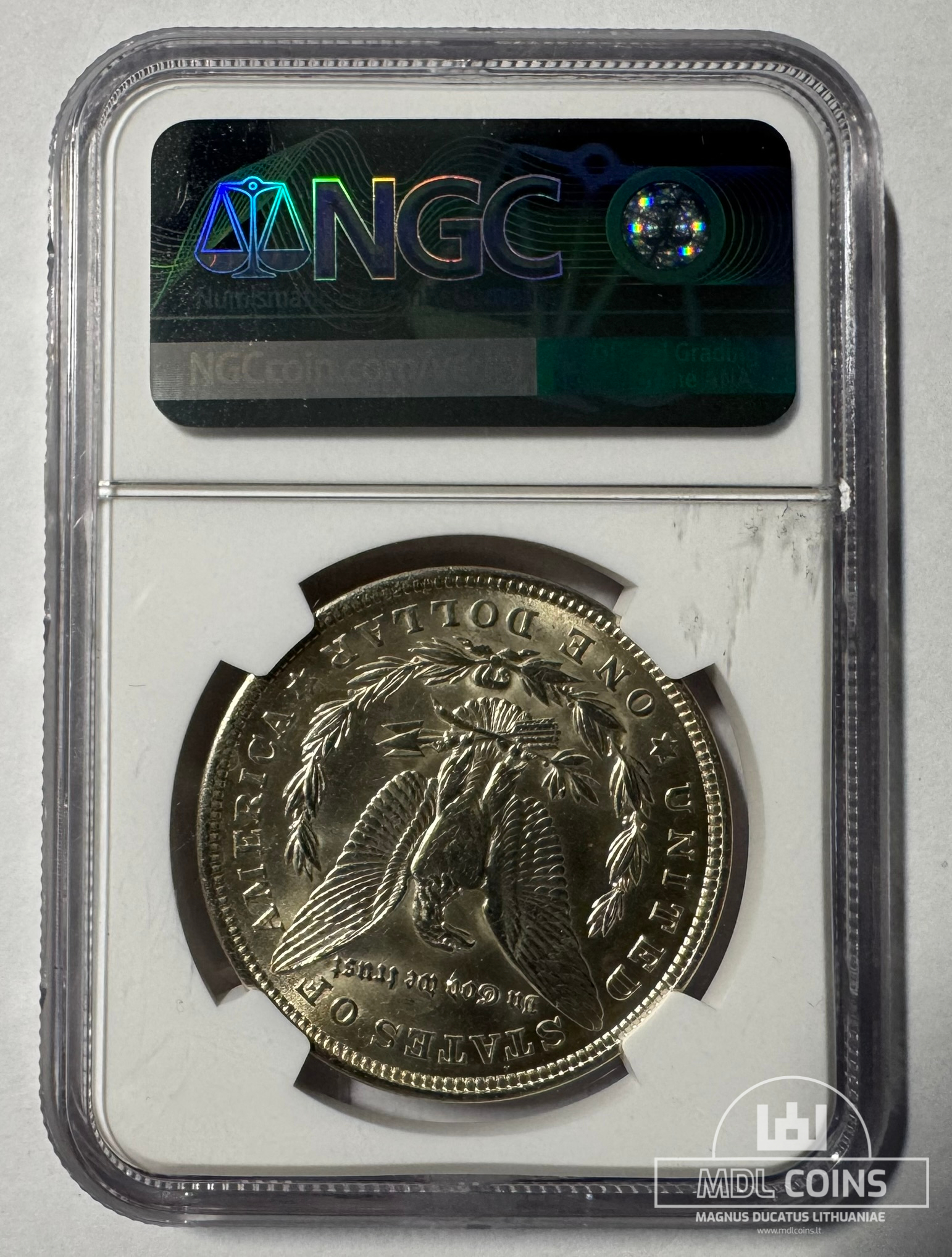 JAV - 1921 metų 1 doleris - "Morganas" - NGC MS62 - (Sidabras 900 / 26,73 g) - "SLABAS" SU DEFEKTU - Image 3
